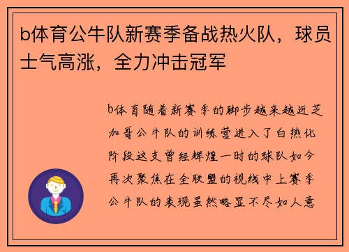 b体育公牛队新赛季备战热火队，球员士气高涨，全力冲击冠军